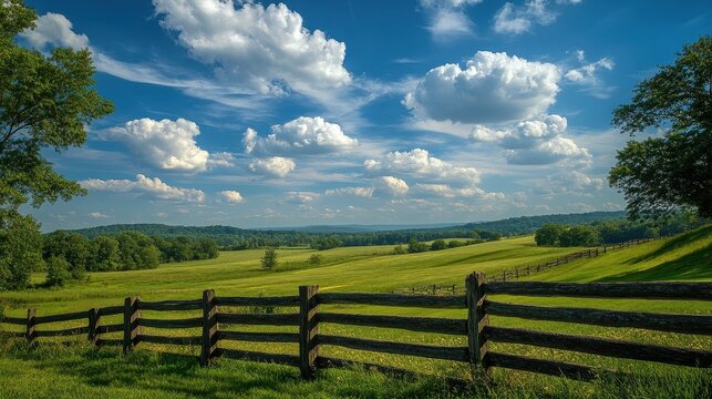Of a Peaceful countryside landscape with rolling fields, a rustic wooden fence, and a dramatic sky filled with fluffy white clouds