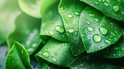 Fototapeta premium Lush green leaves glistening with water droplets; refreshing, vibrant, and healthy