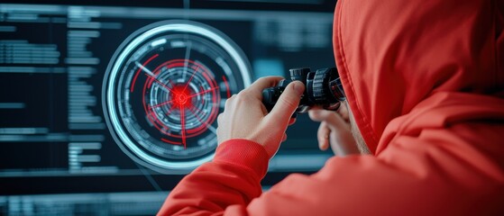 Person in hoodie capturing data on computer screen.