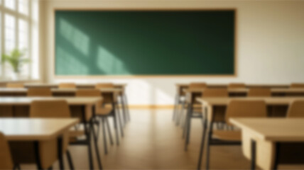 School classroom in blur background without young student; Blurry view of elementary class room no kid or teacher with chairs and tables in campus.