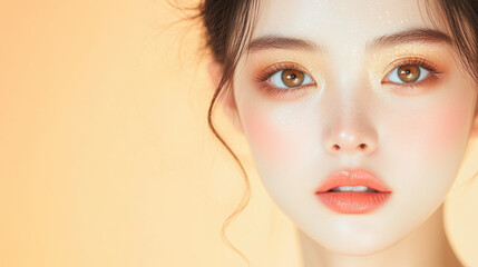 Fototapeta premium Close up of a young woman with glowing makeup and radiant complexion against a soft gradient background
