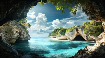 Obraz premium Of a Remote island paradise with lush cliffs and hidden caves surrounded by crystal-clear waters