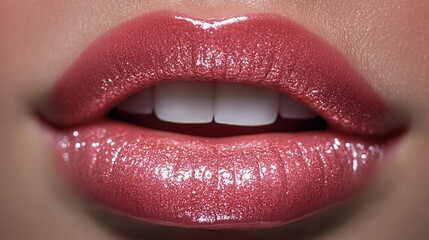 Perfect teeth and lip augmentation or cosmetic dentistry results are highlighted in a close up of beautiful full lips covered with shiny lip gloss.