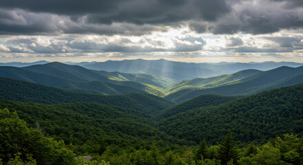 Fototapeta premium Appalachian Majesty: Sunbeams over Blue Ridge Mountains, Nature's Green Embrace under Dramatic Skies