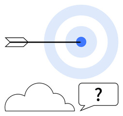 Arrow striking target center, cloud and question speech bubble symbolizing precision, goals, ideas, problem-solving, clarity, focus, ambitions decision-making. Ideal for strategy success-related