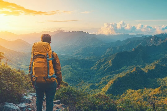 hiker with backpack enjoys scenic mountain view