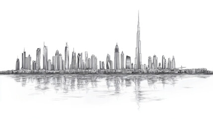 Naklejka premium Line drawing of Dubai city skyline United Ara isolated on white background a