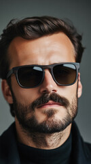 Stylish young Caucasian man with sunglasses and mustache showcasing modern fashion trend portrait