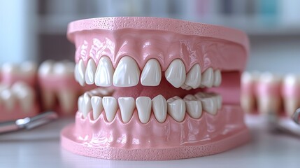 Obraz premium Pink-backgrounded healthy white teeth models, near lying dental instruments, highlight regular checkups and oral hygiene for good dental health.