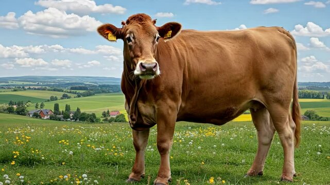 Brown Cow Standing on Green Grass Field under Blue Sky with White Clouds in Rural Landscape