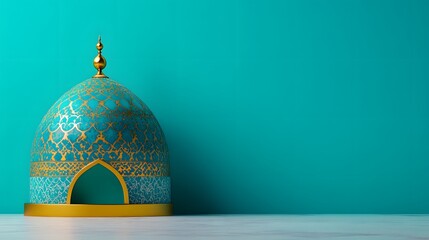 Ornate turquoise dome with gold details on vibrant background