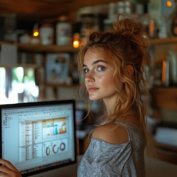 Chica joven con mo&ntilde;o y pelo rizado, pelirroja, mirando hacia atr&aacute;s, junto al ordenador, primer plano, seria, fondo difuso tienda, trabajo, sentada, vestida casual, atendiendo blusa top gris