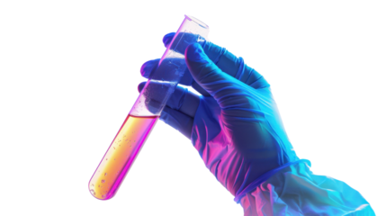 Hand in glove holding test tube with yellow liquid in neon light on transparent background