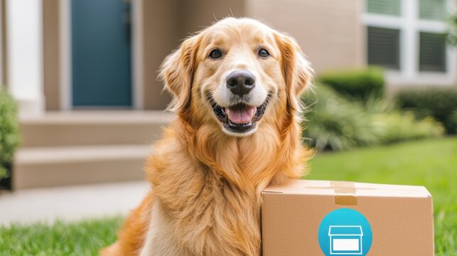 Pet Online Market Concept, Happy Dog Sitting Beside Delivery Box in Front of House with Green Lawn and Sunny Weather