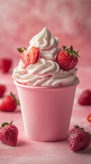 a cupcake topped with whipped cream and strawberries.