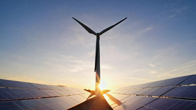 wind turbine with solar panels sunset sky on top mountain. concept of clean energy. Energy supply, wind turbine,eolic turbine, distribution of energy,Powerplant,energy transmission,high voltage supply