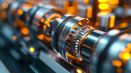 A close-up view of a metallic camshaft showcasing intricate details and a warm, glowing background, highlighting its engineering precision.