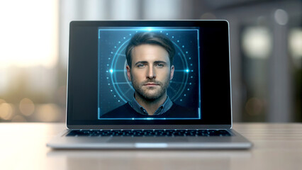 Cybersecurity best practices concept. Digital portrait of a man displayed on a modern laptop screen with futuristic design elements.