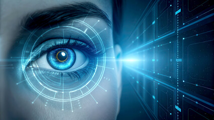 Cybersecurity best practices concept. Futuristic eye with digital enhancements and glowing elements, symbolizing technology and vision.