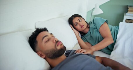 Snore, couple and frustrated with noise in bed for sleep apnea, annoying sound and wake up husband. Sleepless, woman and stress with partner for nasal congestion, unhappy and fatigue issue in home
