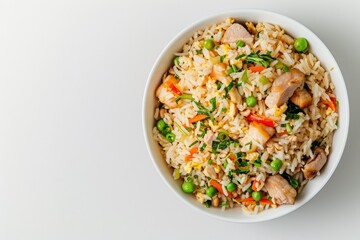 vibrant color picture of Top view frozen fried rice with pork on white background