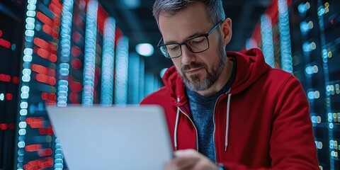 Focused man analyzing data in a server room.