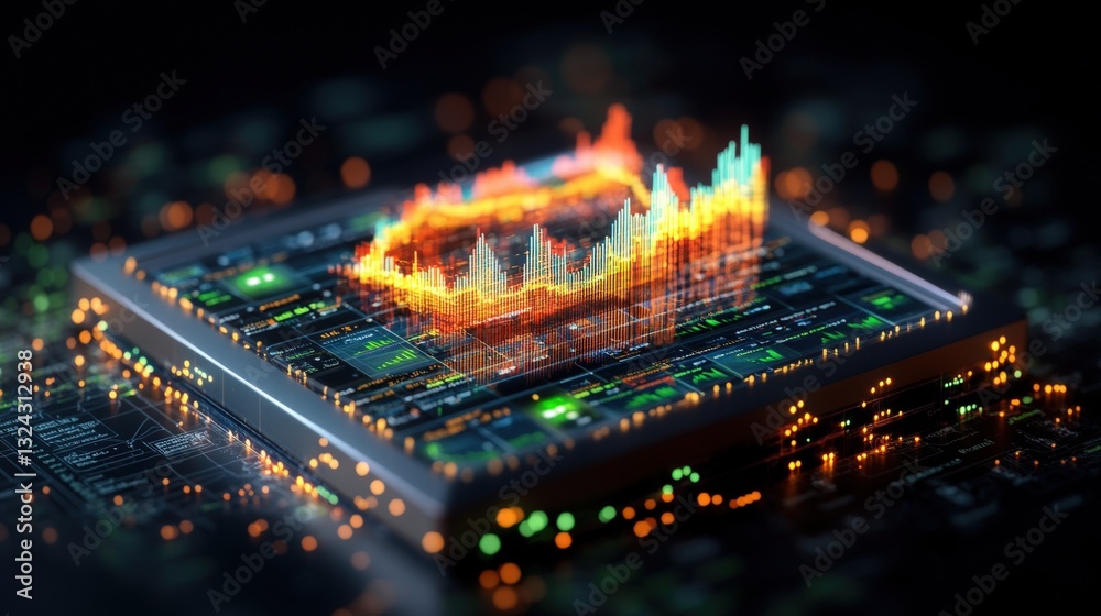 Poster computer with a digital city model displayed on the screen representing advanced financial data anal