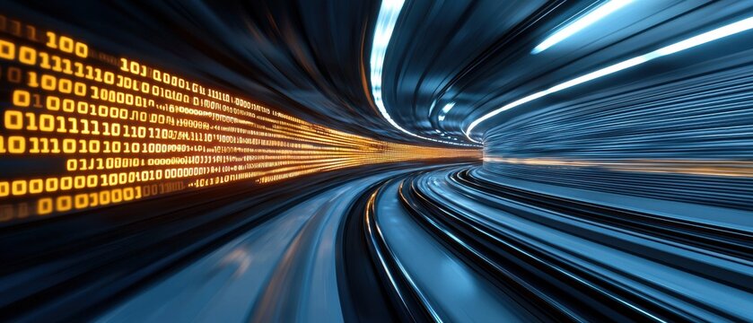 Futuristic digital tunnel with streaming binary code and dynamic lines.