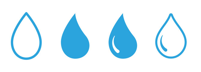 Minimalist water drop icon collection for plumbing services featuring clean outline style designs in flat contemporary aesthetic