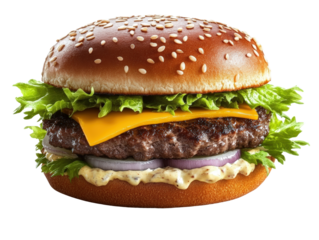 Mouthwatering hamburger stacked with cheese and crisp lettuce served on a fresh bun ready to satisfy hunger isolated on a white background.