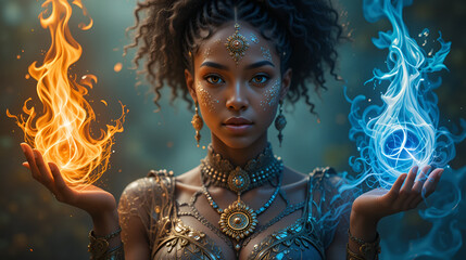 Elemental Enchantress Create a portrait of a Black woman with each hand controlling a different element fire, water, air, earth her mastery over them complete