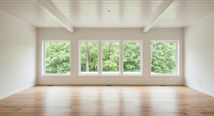 Fototapeta premium Bright Empty Room with Wood Floors and Windows: A Modern Interior Design Showcase