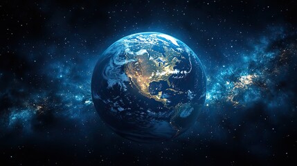 Fototapeta premium Rotating in space, Earth shows North and Central America, stunningly surrounded by a breathtaking starry universe.