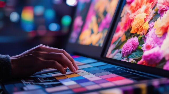 designer hand selecting colors from palette, surrounded by vibrant floral images. scene captures creativity and inspiration in colorful workspace