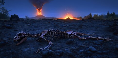 Fototapeta premium A fossil worn by time lies surrounded by flowing molten lava, set against a backdrop of fierce flames beneath a somber sky, symbolizing sudden extinction and the earth's turbulent past