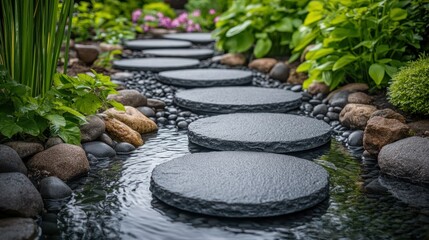 Stone path across garden stream, lush foliage