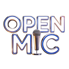 Glossy 3D logo "Open Mic" with microphone - design of posters and advertising. PNG.