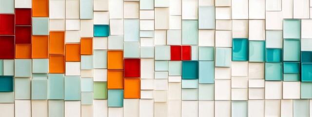 Fototapeta premium White Square Mosaic Tile Mirror Wall Texture Background Colorful Abstract Grunge Glass Banner Panorama