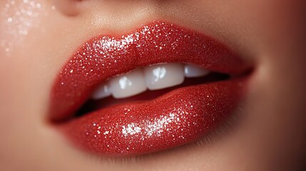 Obraz premium Showcasing cosmetology and beauty enhancement results for plump shiny lips, a close up features beautiful female lips covered with lip gloss.