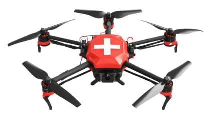 A red and black drone featuring a white cross isolated on white background