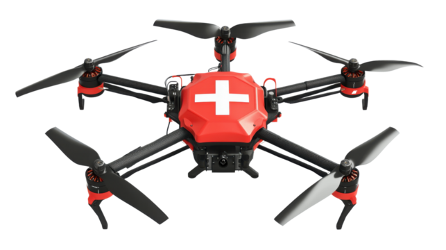 A red and black drone featuring a white cross isolated on white background