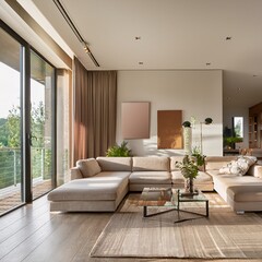Fototapeta premium A modern living room featuring minimalist furniture, a neutral color palette, and large windows letting in abundant natural light. The clean lines, plush sofa, and carefully chosen decor elements