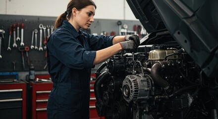 Female mechanic repairing a truck engine in a garage. Professional auto service, car maintenance, and skilled labor concept.