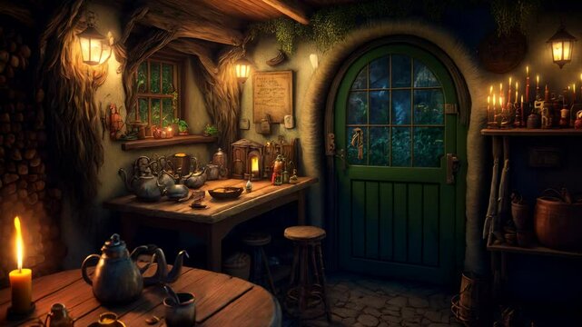 Vintage fairy tale house interior, inside fantasy wooden hut at night in forest, fairytale home. 