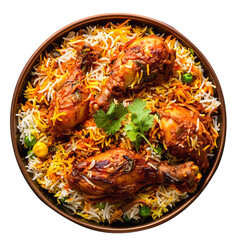 A bowl of biryani with chicken pieces on a transparent background