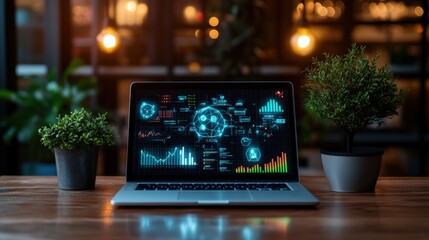 Professional laptop displaying a detailed chart on the screen signifying business analysis and growth insights