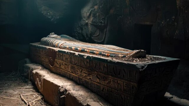 Inside tomb of pharaoh in Egypt, stone Ancient Egyptian sarcophagus in underground room. Concept of old mummy and grave. 