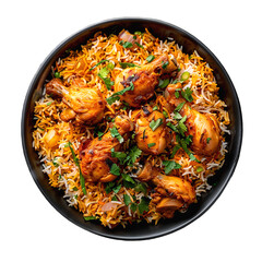 A bowl of biryani with chicken pieces on a transparent background