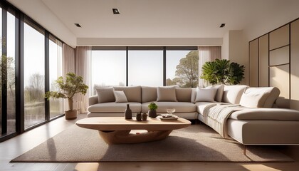 Fototapeta premium A modern living room featuring minimalist furniture, a neutral color palette, and large windows letting in abundant natural light. The clean lines, plush sofa, and carefully chosen decor elements