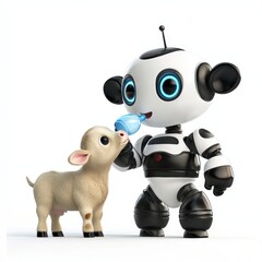 Fototapeta premium Adorable farming robot feeding a baby cow with a bottle, isolated on clear white background